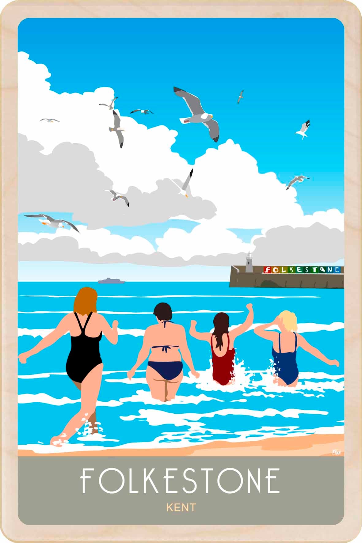 Folkestone Swimmers, Kent - Wooden Postcard. Printed on sustainably sourced wood, measuring 10×15 cm, lightweight, durable, and fully mailable, this wooden postcard is ideal as a unique gift, keepsake, or souvenir.