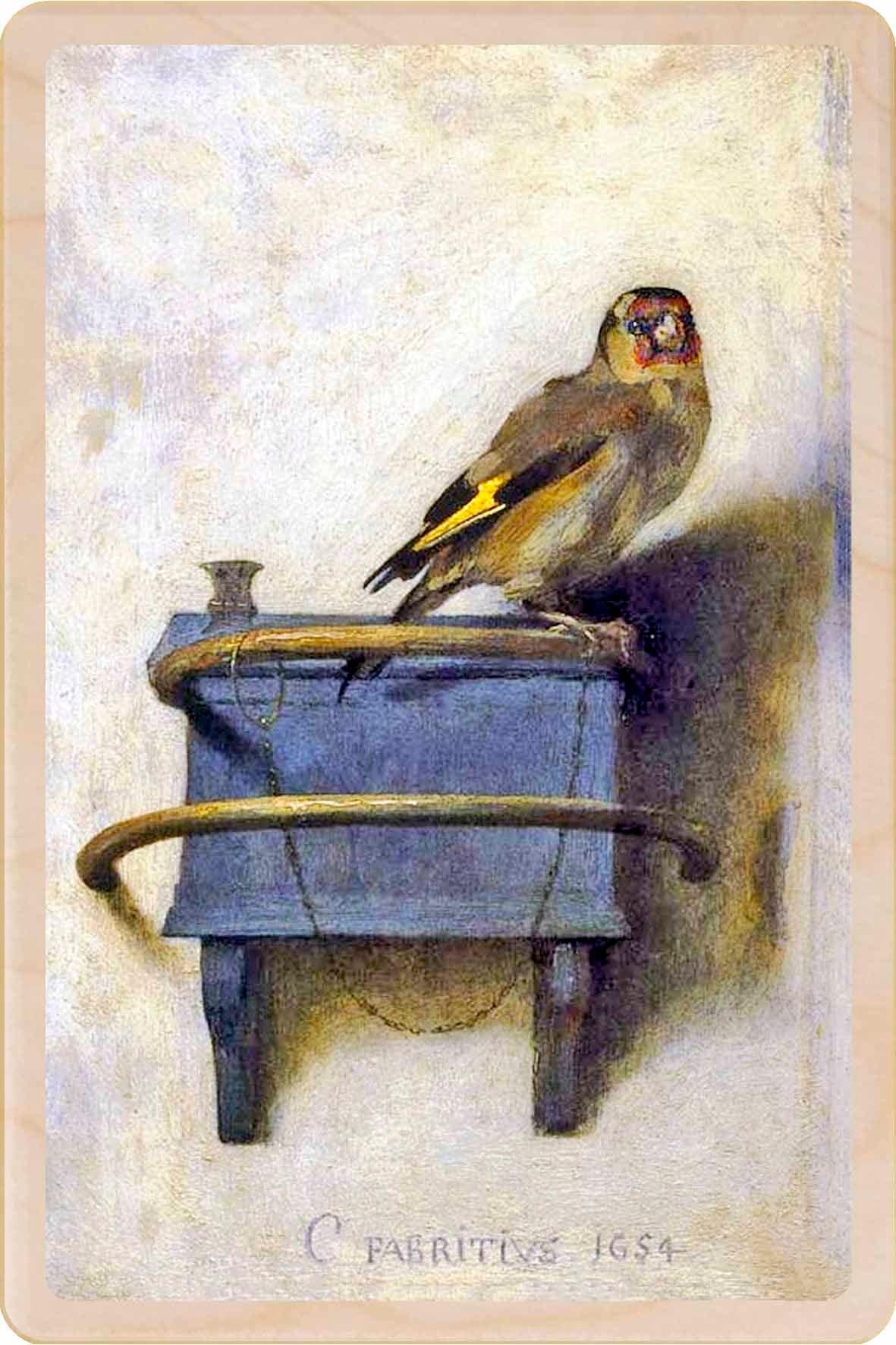 Carel Fabritius’s iconic 1654 painting The Goldfinch - wooden postcard.
Write on the back with any pen and post worldwide with a standard stamp. A thoughtful gift for art lovers.