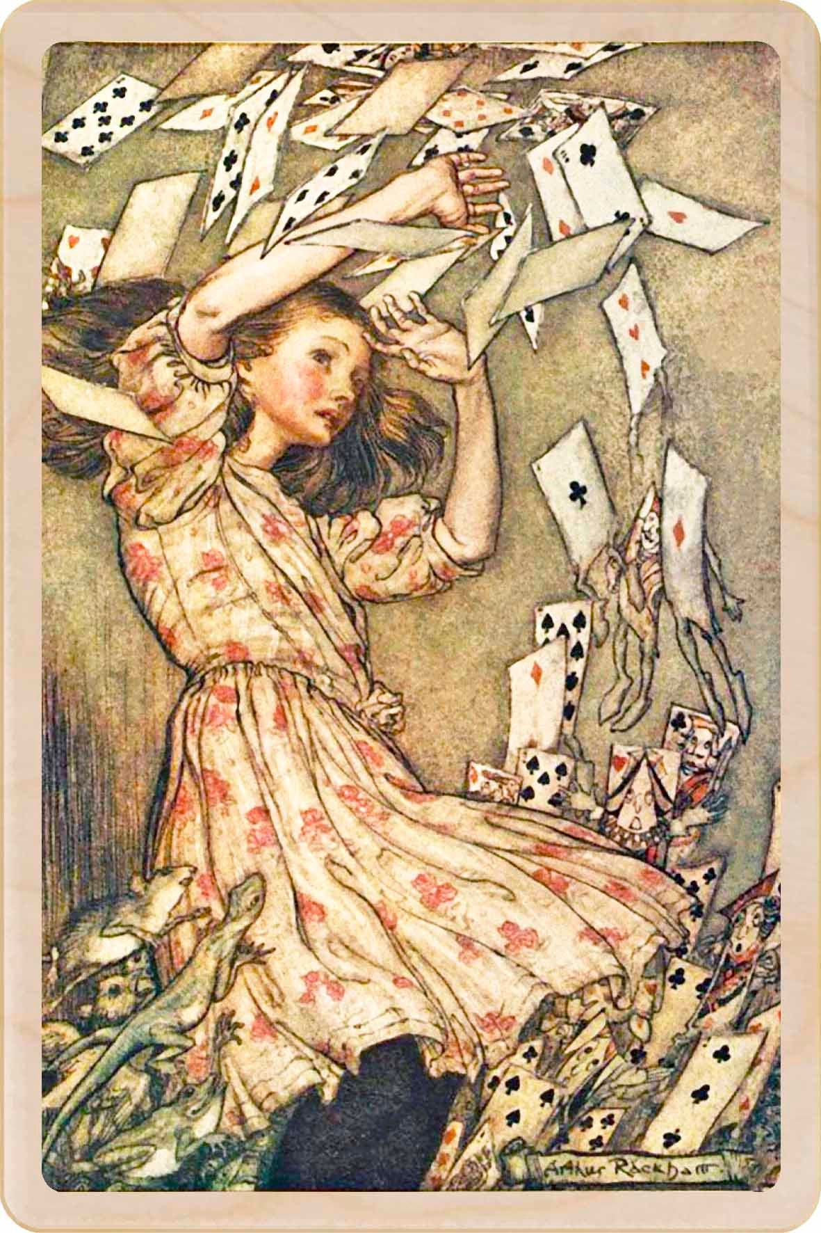 The Shower of Cards - Wooden Postcard, Arthur Rackham for Lewis Carroll's Alice in Wonderland, printed on sustainable wood.
