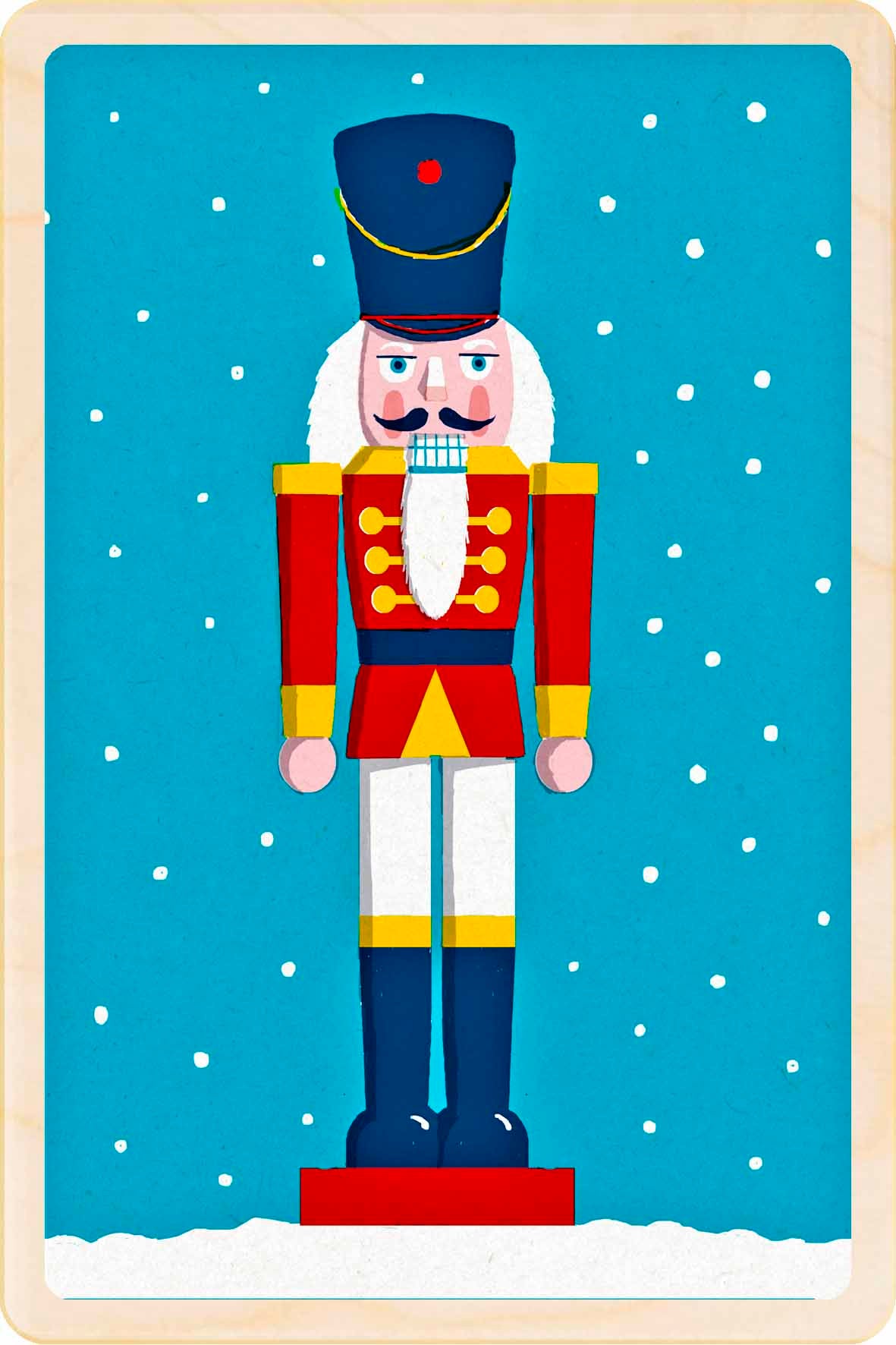 Nutcracker toy figure on a blue background with white snowflakes. Nutcracker – Christmas card - Wooden Postcard
Original Christmas illustration printed on sustainable wood. A beautiful card to send, display, or tuck into a stocking.