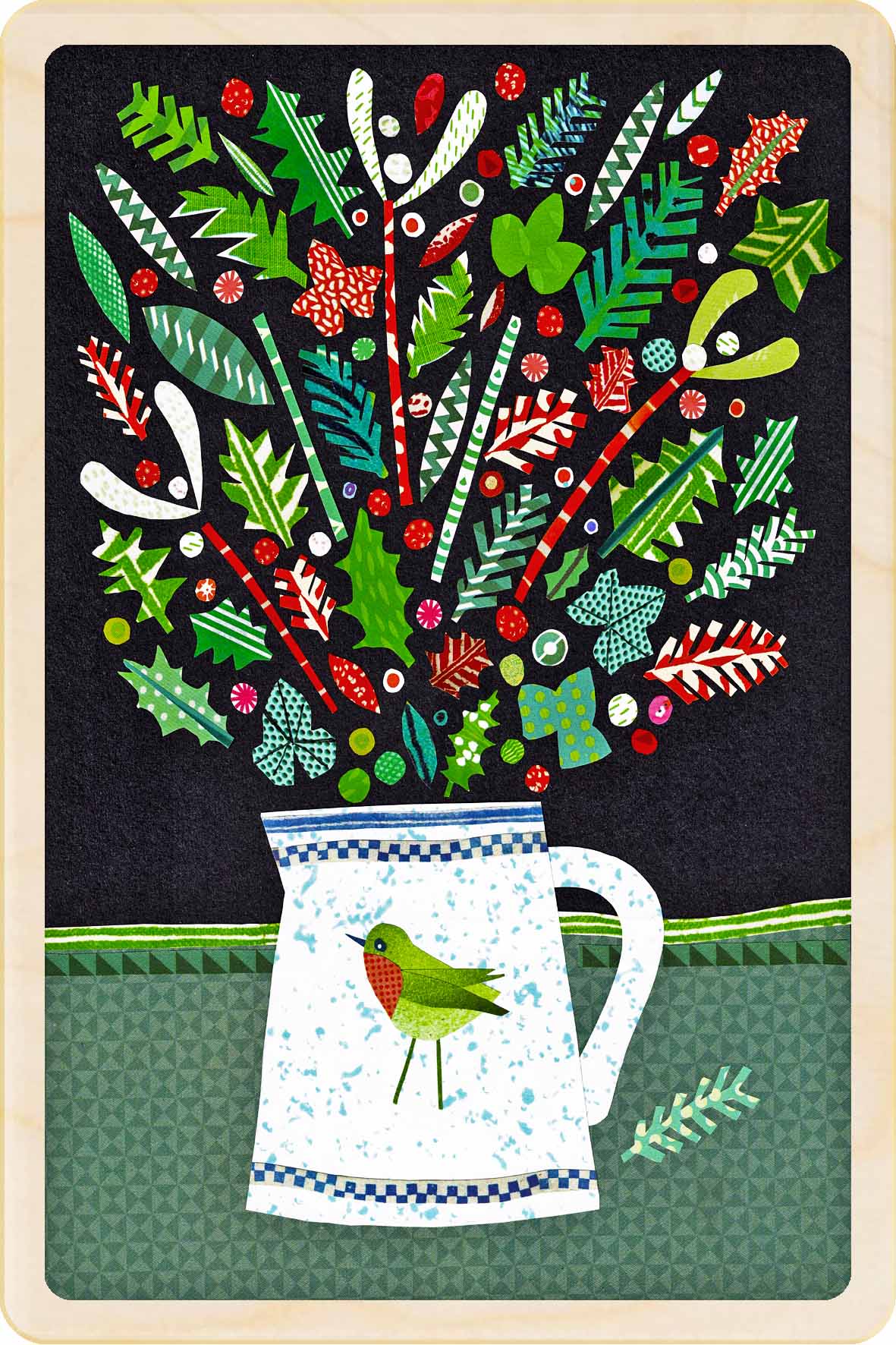 Decorative card with a mug of flowers and a bird . Christmas Jug – Christmas card - Wooden Postcard
Original Christmas illustration printed on sustainable wood. A beautiful card to send, display, or tuck into a stocking.
