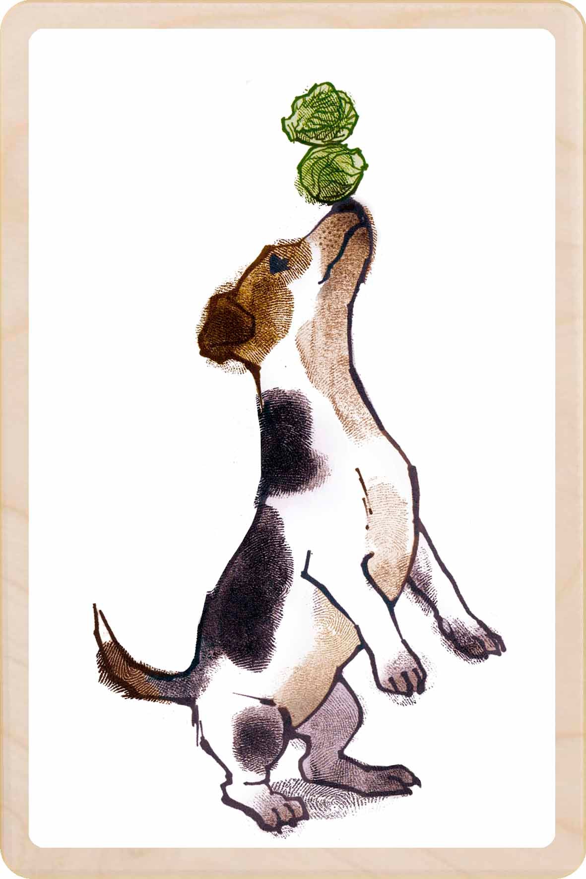 Dog and Sprouts – Christmas card - Wooden Postcard
Original Christmas illustration printed on sustainable wood. A beautiful card to send, display, or tuck into a stocking.