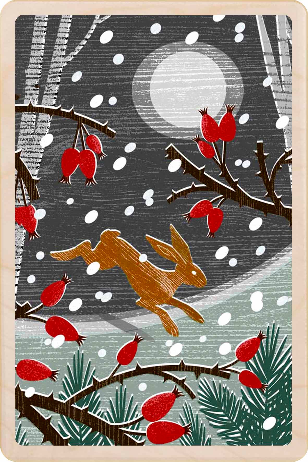 Woodland Hare – Christmas card - Wooden Postcard
Original Christmas illustration printed on sustainable wood. A beautiful card to send, display, or tuck into a stocking.