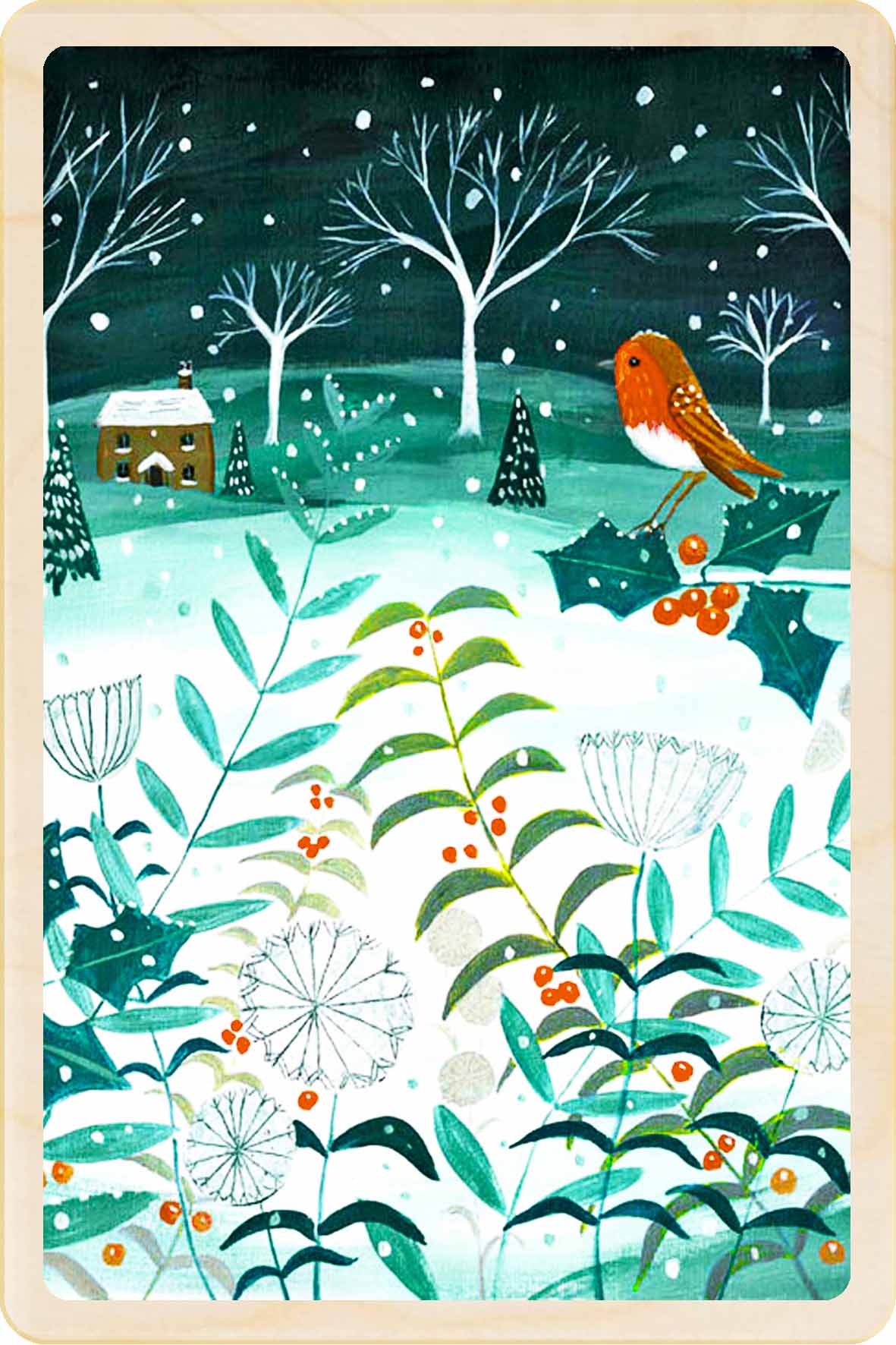 Illustration of a snowy landscape with a robin. Country Christmas– Christmas card - Wooden Postcard
Original Christmas illustration printed on sustainable wood. A beautiful card to send, display, or tuck into a stocking.
