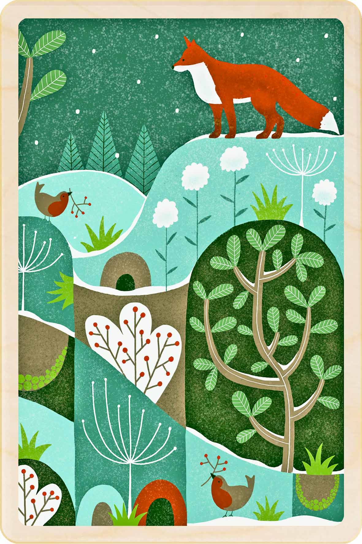 Christmas fox and birds design on a green background.