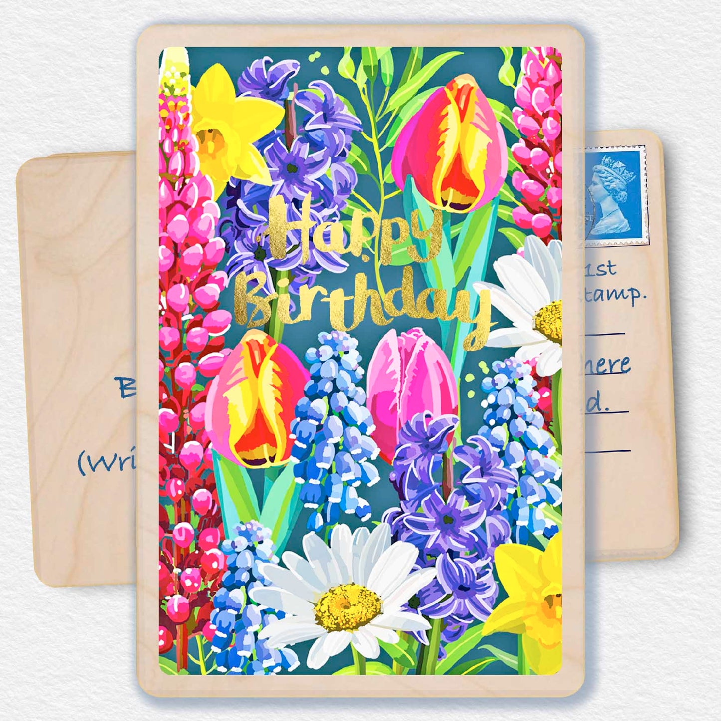Birthday Card, Floral design by Sarah Kelleher, printed on sustainable wood by The Wooden Postcard Company