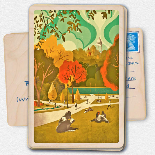 Park in Autumn - Sustainable card - Wooden Postcard
Illustration by Emy Lou Holmes, printed in Suffolk on sustainably sourced wood. Eco-friendly card to send, gift and display.