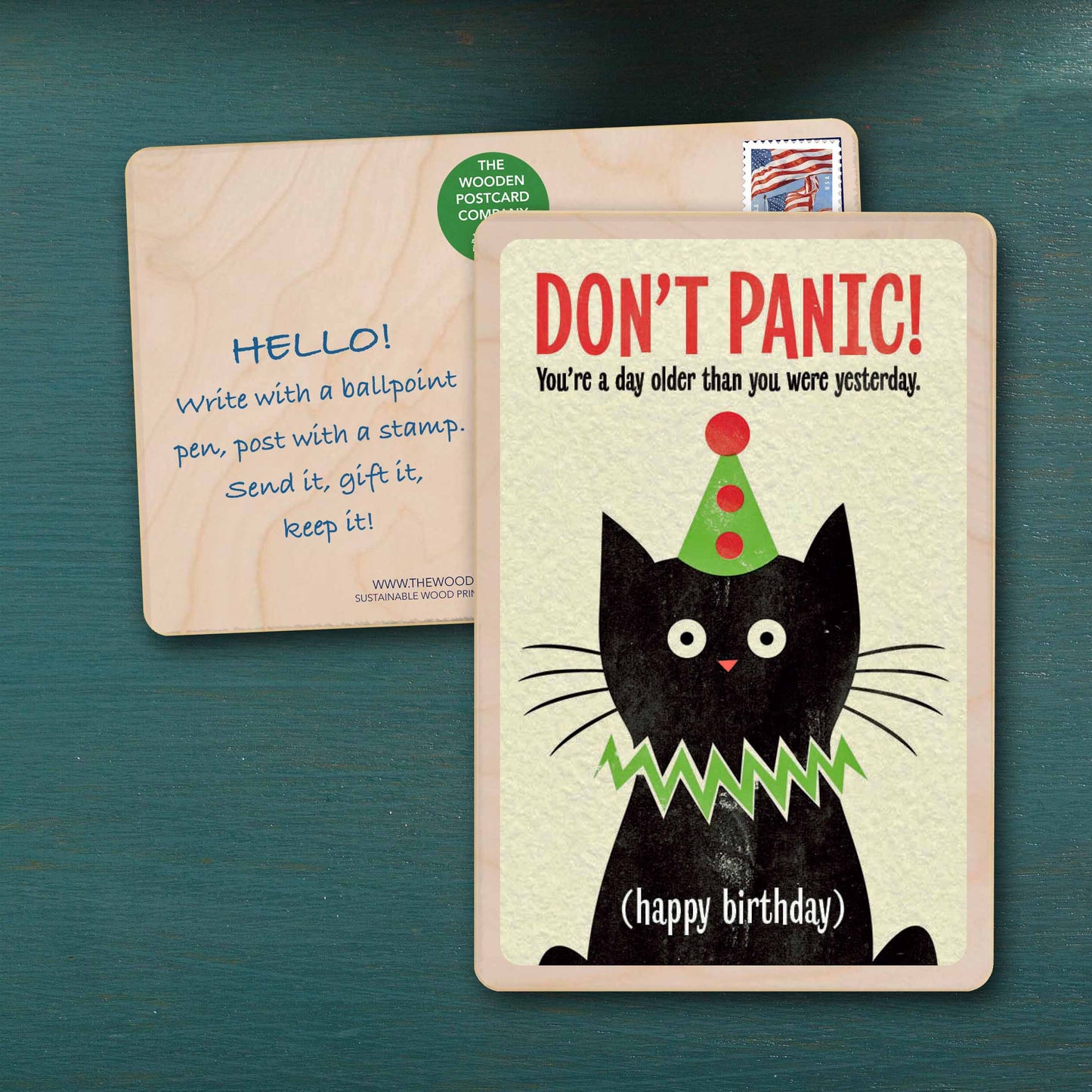 Mid-century wooden birthday card by Pennychoo. Printed in Suffolk on sustainable wood with vibrant colour for lasting charm.