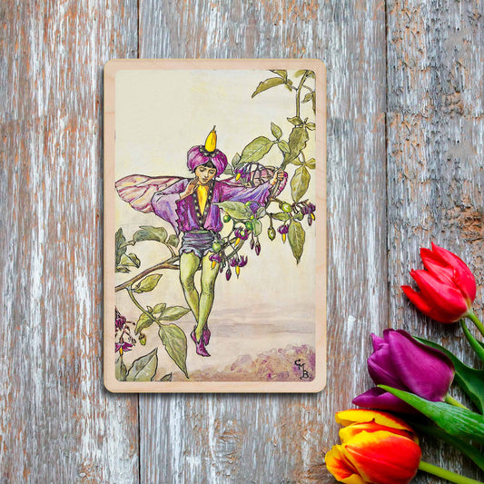 Nightshade Fairy by Cicely Mary Barker. Printed with vibrant colour and fine detail. Made to send, keep, or collect. Handmade in the UK since 2012.