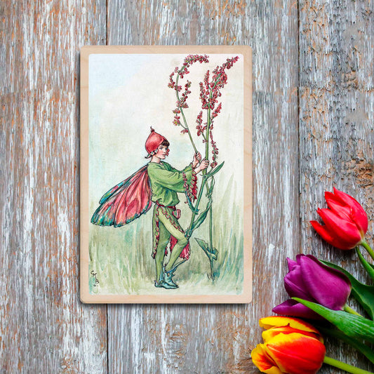 Sorrel Fairy by Cicely Mary Barker. Printed with vibrant colour and fine detail. Made to send, keep, or collect. Handmade in the UK since 2012.