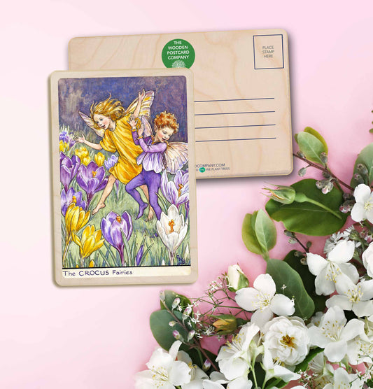 Crocus Fairy by Cicely Mary Barker. Printed with vibrant colour and fine detail. Made to send, keep, or collect. Handmade in the UK since 2012.