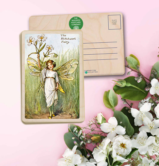 Stitchwort Fairy by Cicely Mary Barker. Printed with vibrant colour and fine detail. Made to send, keep, or collect. Handmade in the UK since 2012.