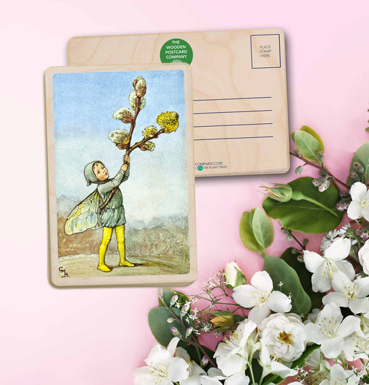 Willow Catkin Fairy by Cicely Mary Barker. Printed with vibrant colour and fine detail. Made to send, keep, or collect. Handmade in the UK since 2012.