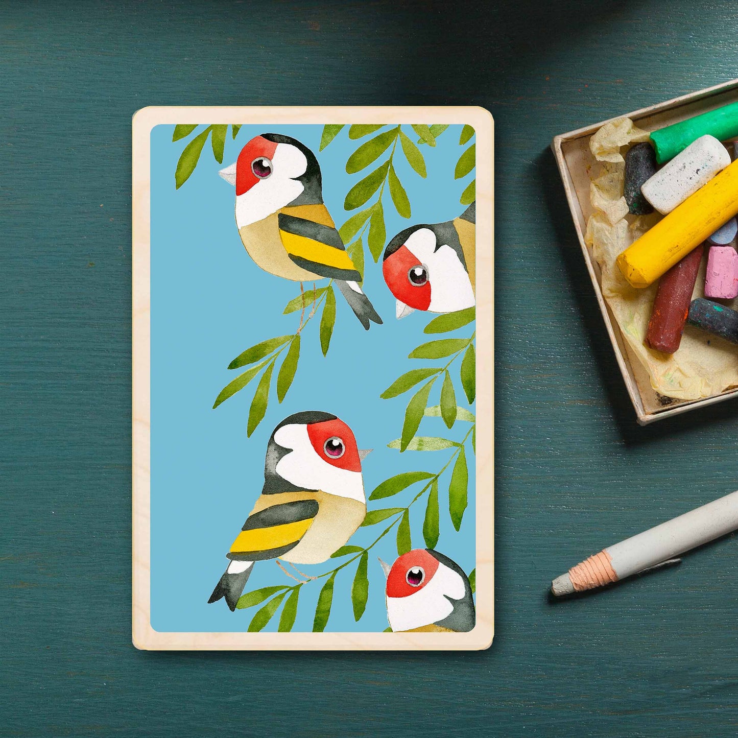 goldfinch - bird Illustration wooden postcard by Matt Sewell