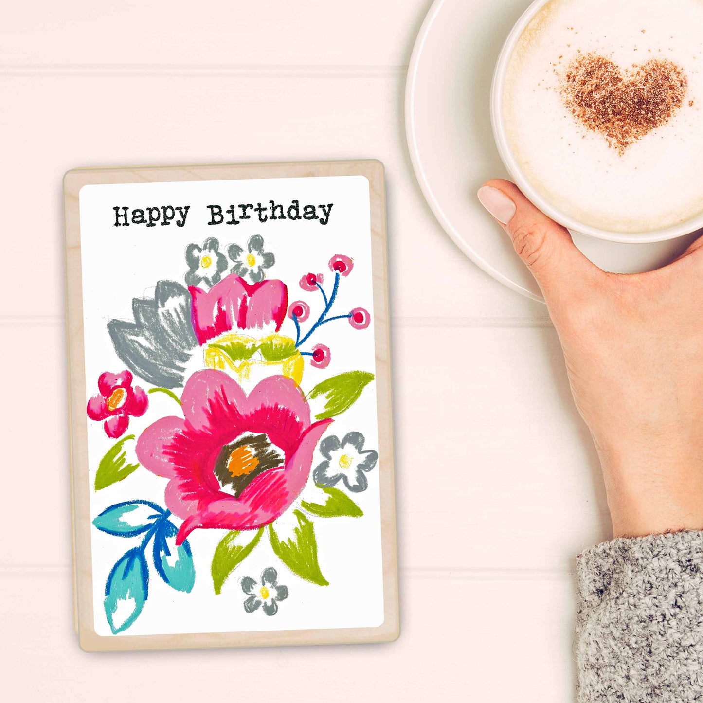 Birthday Card, Floral design by Sarah Kelleher, printed on sustainable wood by The Wooden Postcard Company