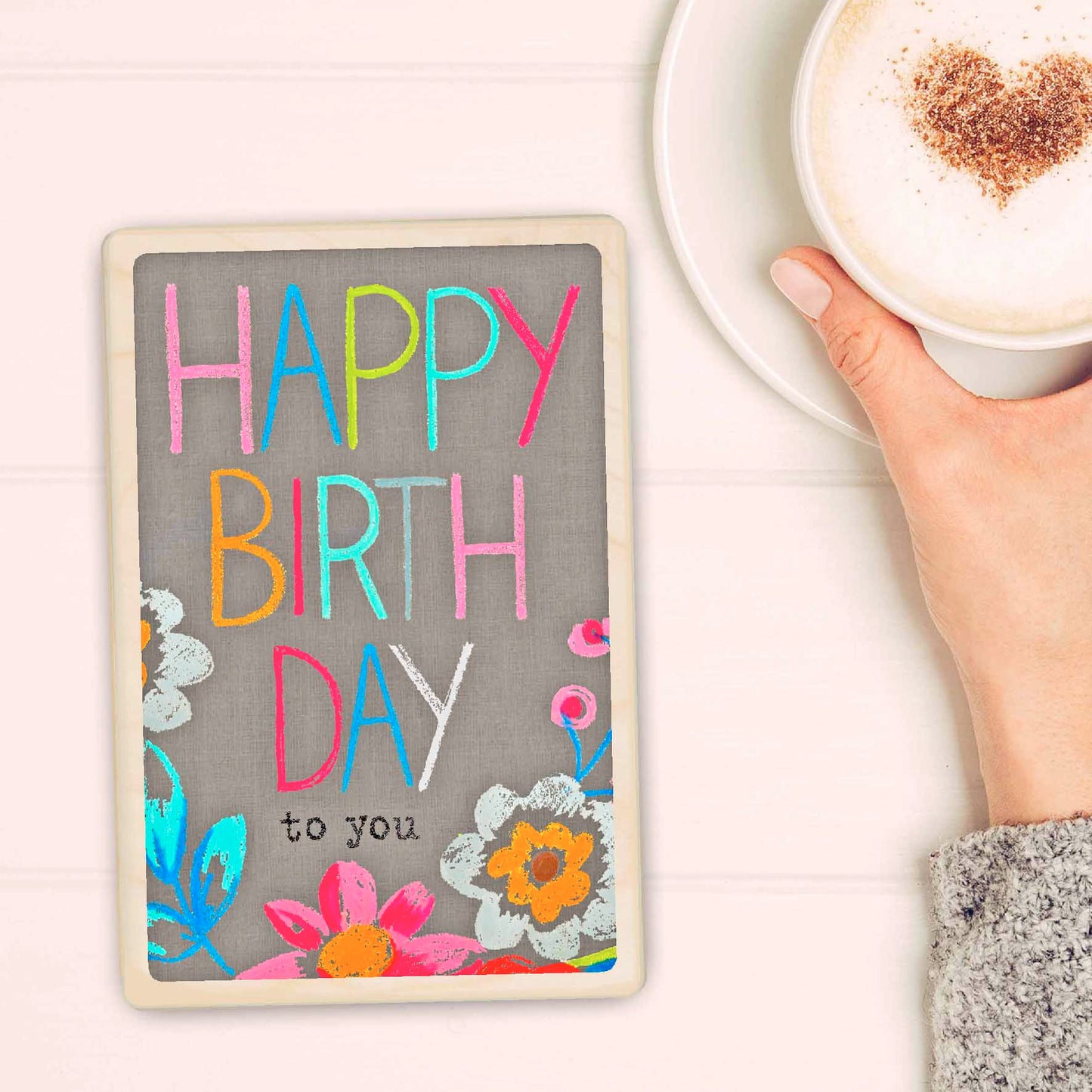 Birthday Card, Floral design by Sarah Kelleher, printed on sustainable wood by The Wooden Postcard Company