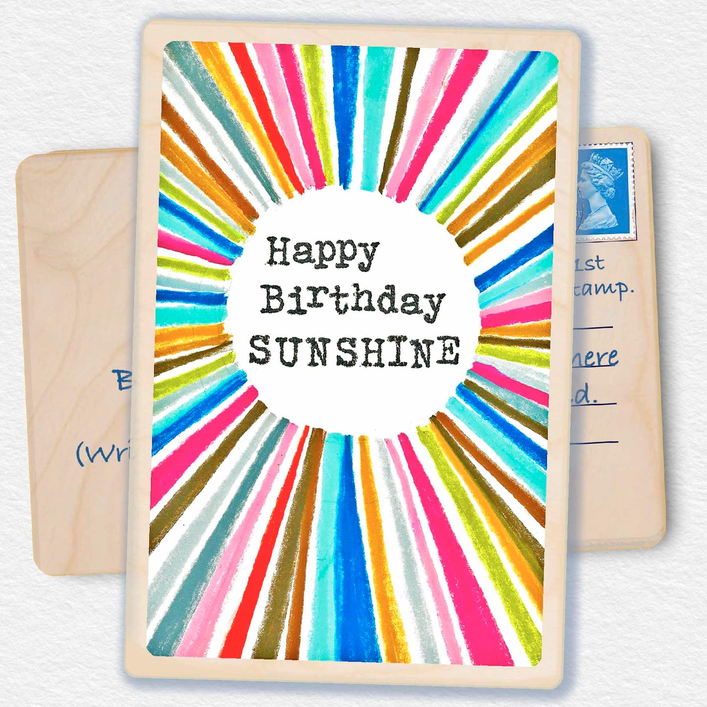 Birthday Card, Sunshine design by Sarah Kelleher, printed on sustainable wood by The Wooden Postcard Company