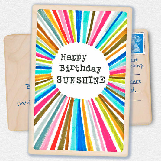 Birthday Card, Sunshine design by Sarah Kelleher, printed on sustainable wood by The Wooden Postcard Company