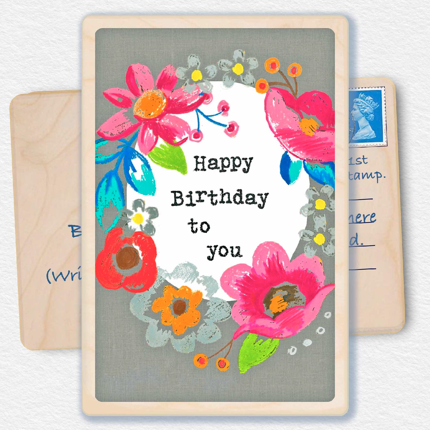 Birthday Card, Floral design by Sarah Kelleher, printed on sustainable wood by The Wooden Postcard Company