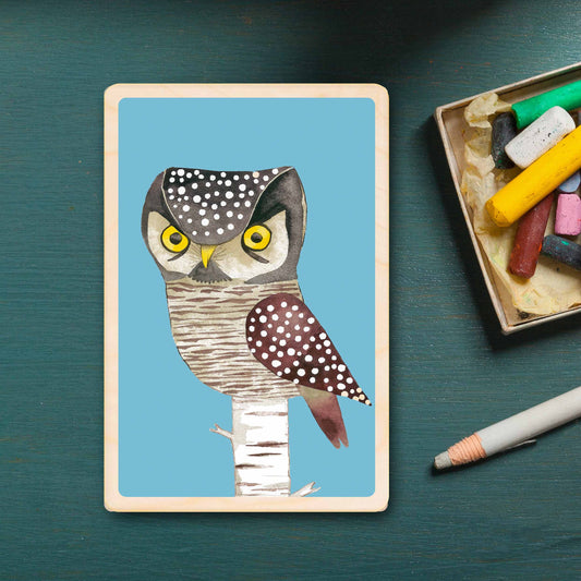 owl - bird Illustration wooden postcard by Matt Sewell