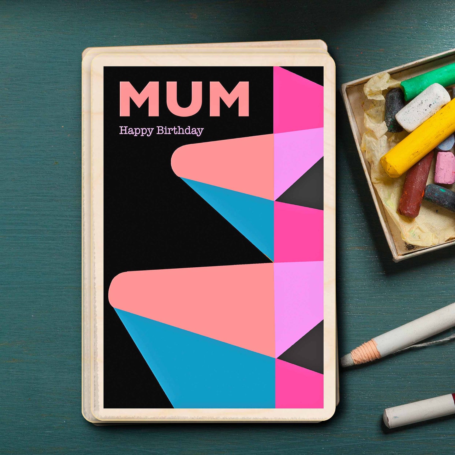 Mum Birthday card, mid-century design. Sustainable wood Birthday gift by The Wooden Postcard Company. Made in Suffolk since 2012.