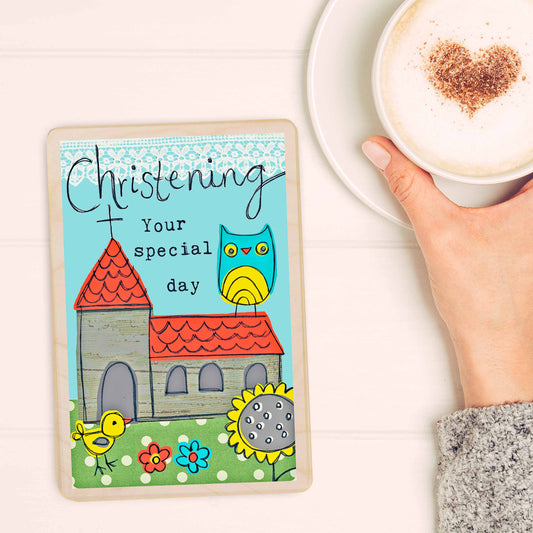 Wooden Christening card, artwork by Sarah Kelleher. Printed on sustainable wood in Suffolk since 2012.