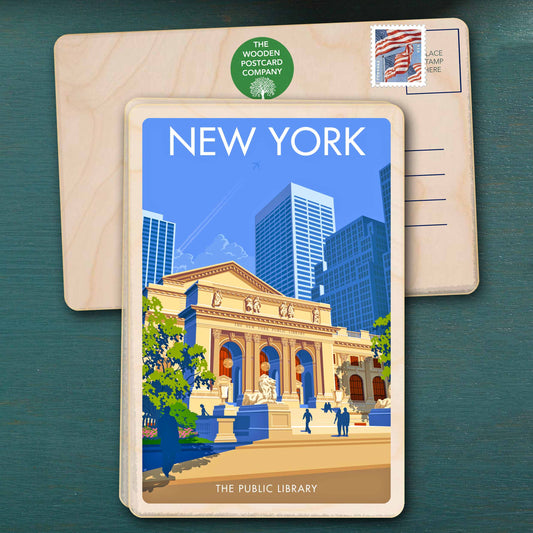 New York, Public Library - Original illustration by Stephen Millership, printed in Suffolk on sustainable wood. A durable and display-worthy postcard—ideal to send, gift or collect.