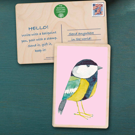 Tit - bird Illustration wooden postcard by Matt Sewell