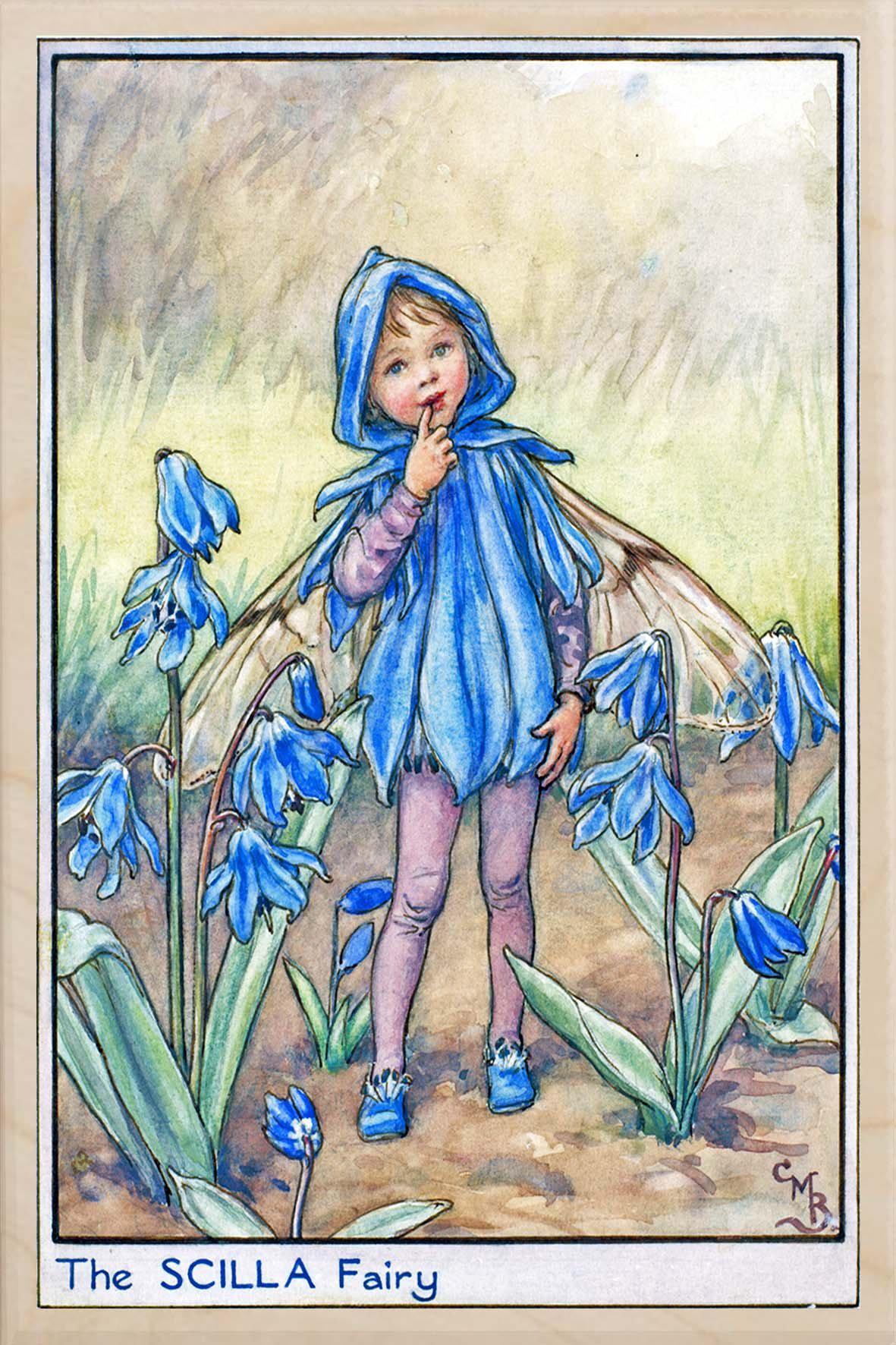 Scilla Fairy by Cicely Mary Barker. Printed with vibrant colour and fine detail. Made to send, keep, or collect. Handmade in the UK since 2012.