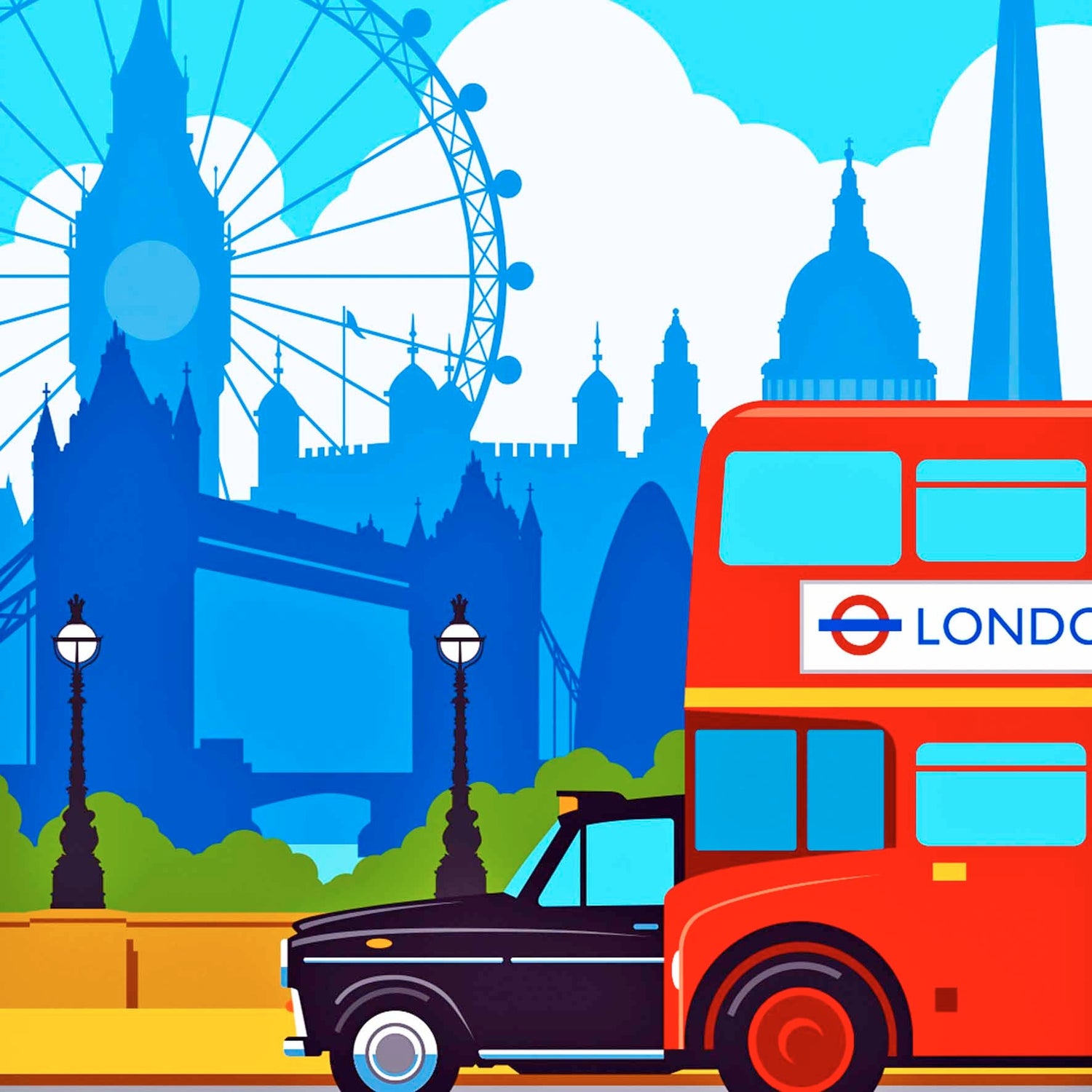 Illustrated wooden postcards of London – red bus, Big Ben, Tower Bridge