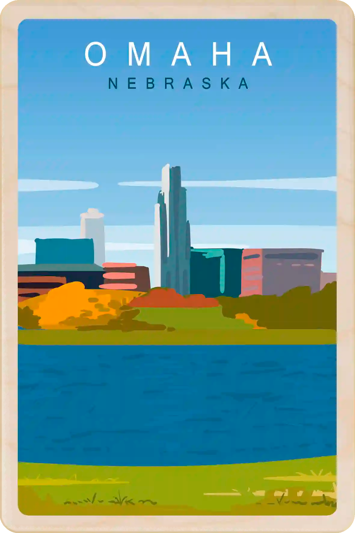 Omaha, Nebraska Travel Art Wooden Postcard to send, gift, and keep. The Wooden Postcard Company