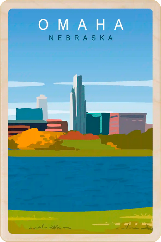 Omaha, Nebraska Travel Art Wooden Postcard to send, gift, and keep. The Wooden Postcard Company
