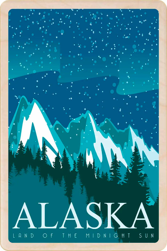 Alaska-themed poster with mountains, trees. Alaska Cruise – Eco-friendly Card - Wooden Postcard
Write on the back with any pen and post worldwide with a standard stamp. A smart, eco-friendly card and gift.