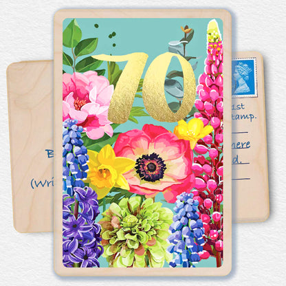 70th Birthday Card, Floral design by Sarah Kelleher, printed on sustainable wood by The Wooden Postcard Company