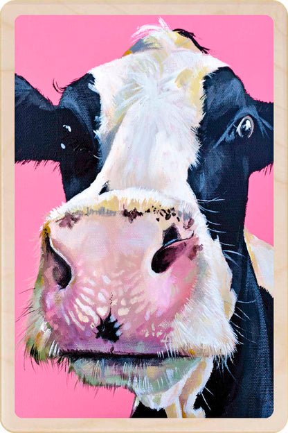 cow illustration wooden postcard