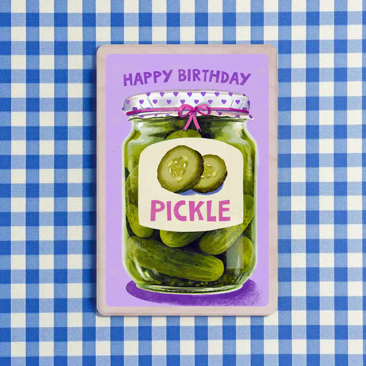 Birthday card with a jar of pickles on a blue and white checkered background - the wooden postcard company