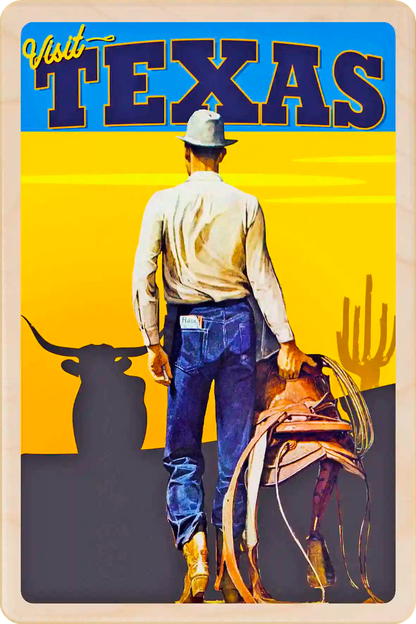 Texas Cowboy Travel Art Wooden Postcard to send, gift, and keep. The Wooden Postcard Company