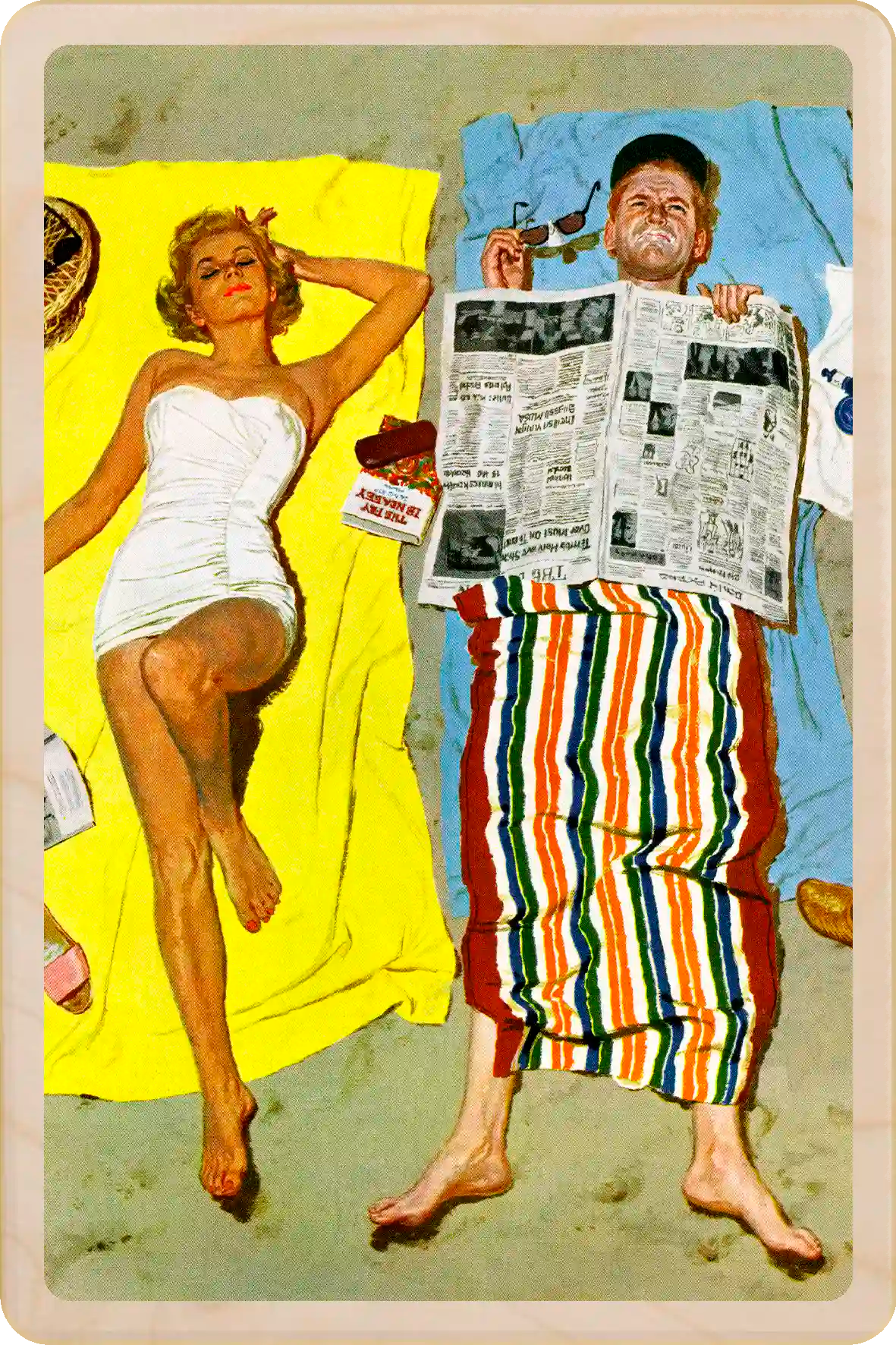 Sunscreen? wooden postcard to send and keep and display. Originally created as a cover for the Saturday Evening Post, 1958. Kurt Ard ©The Saturday Evening Post. The Wooden Postcard Company