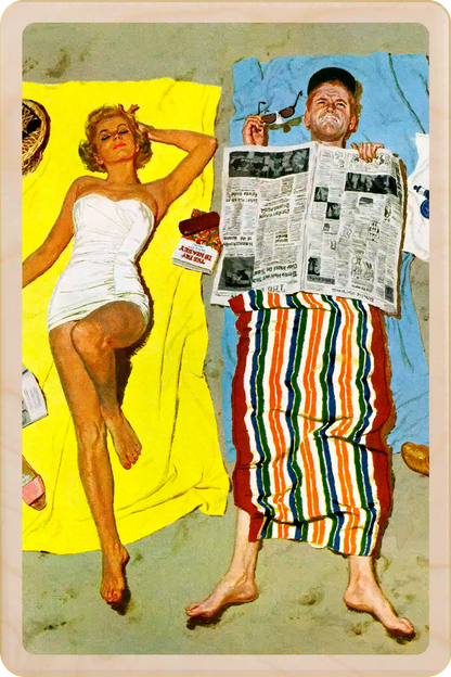 Sunscreen? wooden postcard to send and keep and display. Originally created as a cover for the Saturday Evening Post, 1958. Kurt Ard ©The Saturday Evening Post. The Wooden Postcard Company
