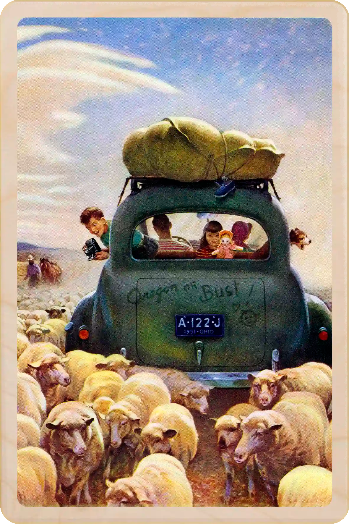 Oregon or Bust! Travel Art Wooden Postcard to send, gift, and keep. Artwork by John Clymer for the cover of The Saturday Evening Post, 1951. The Wooden Postcard Company
