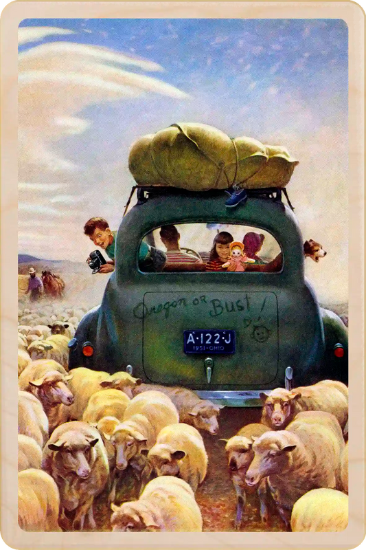 Oregon or Bust! Travel Art Wooden Postcard to send, gift, and keep. Artwork by John Clymer for the cover of The Saturday Evening Post, 1951. The Wooden Postcard Company