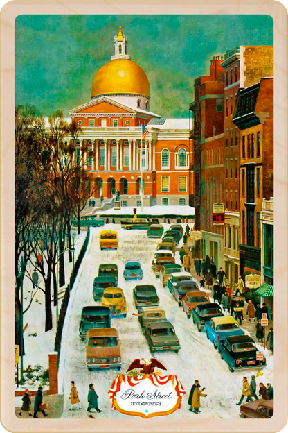 Park Street, Boston, Massachusetts Travel Art Wooden Postcard to send, gift, and keep. Original illustration ©The Saturday Evening Post. The Wooden Postcard Company