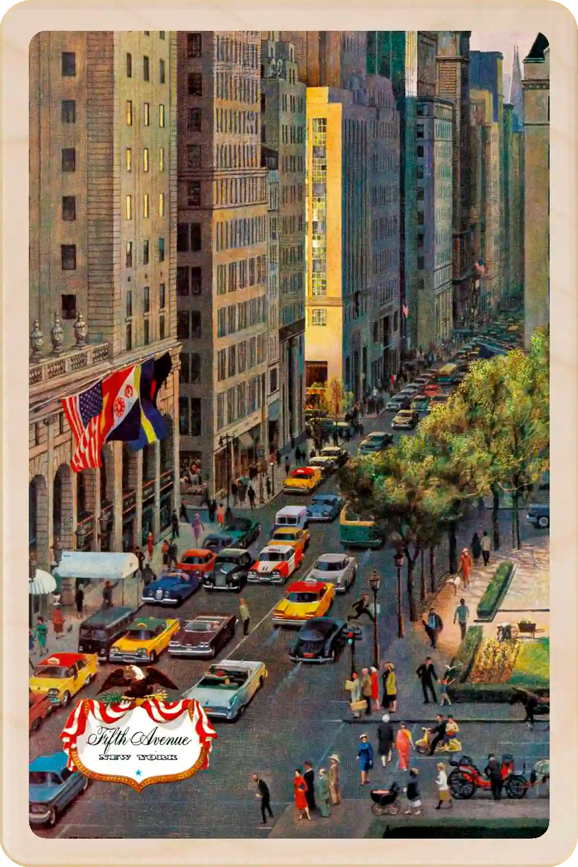 Fifth Avenue, New York City Travel Art Wooden Postcard to send, gift, and keep. Original illustration ©The Saturday Evening Post. Te Wooden Postcard Company