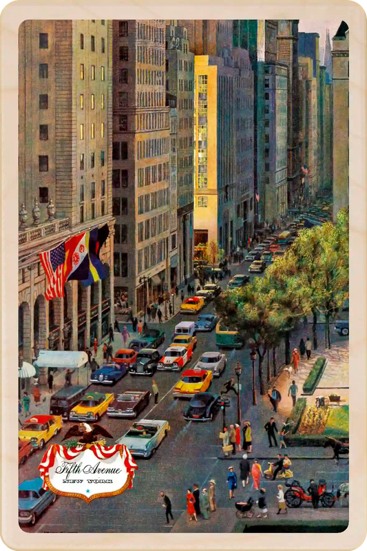 Fifth Avenue, New York City Travel Art Wooden Postcard to send, gift, and keep. Original illustration ©The Saturday Evening Post. Te Wooden Postcard Company
