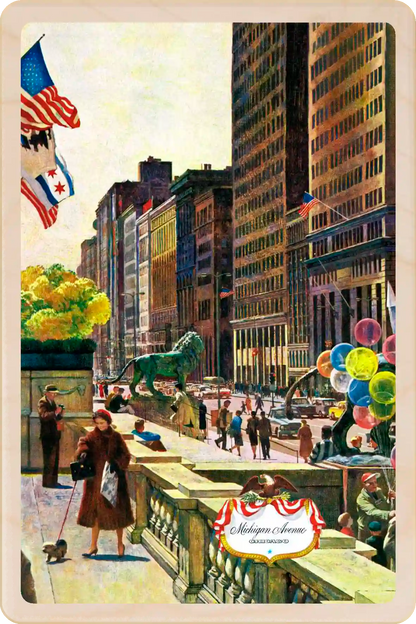Michigan Avenue, Chicago, Illinois Travel Art Wooden Postcard to send, gift, and keep. Original illustration ©The Saturday Evening Post