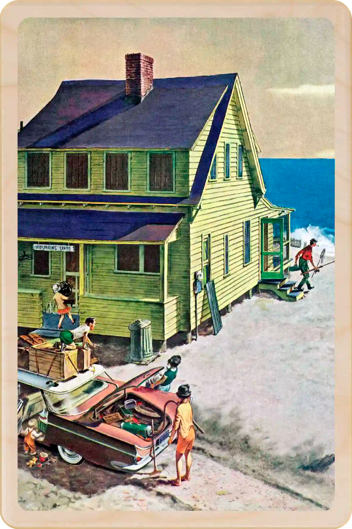 Whispering Sands, Father's Off Fishing, wooden postcard to send and keep and display. Originally created as a cover for the Saturday Evening Post, 1951. Thornton Utz ©The Saturday Evening Post. The Wooden Postcard Company