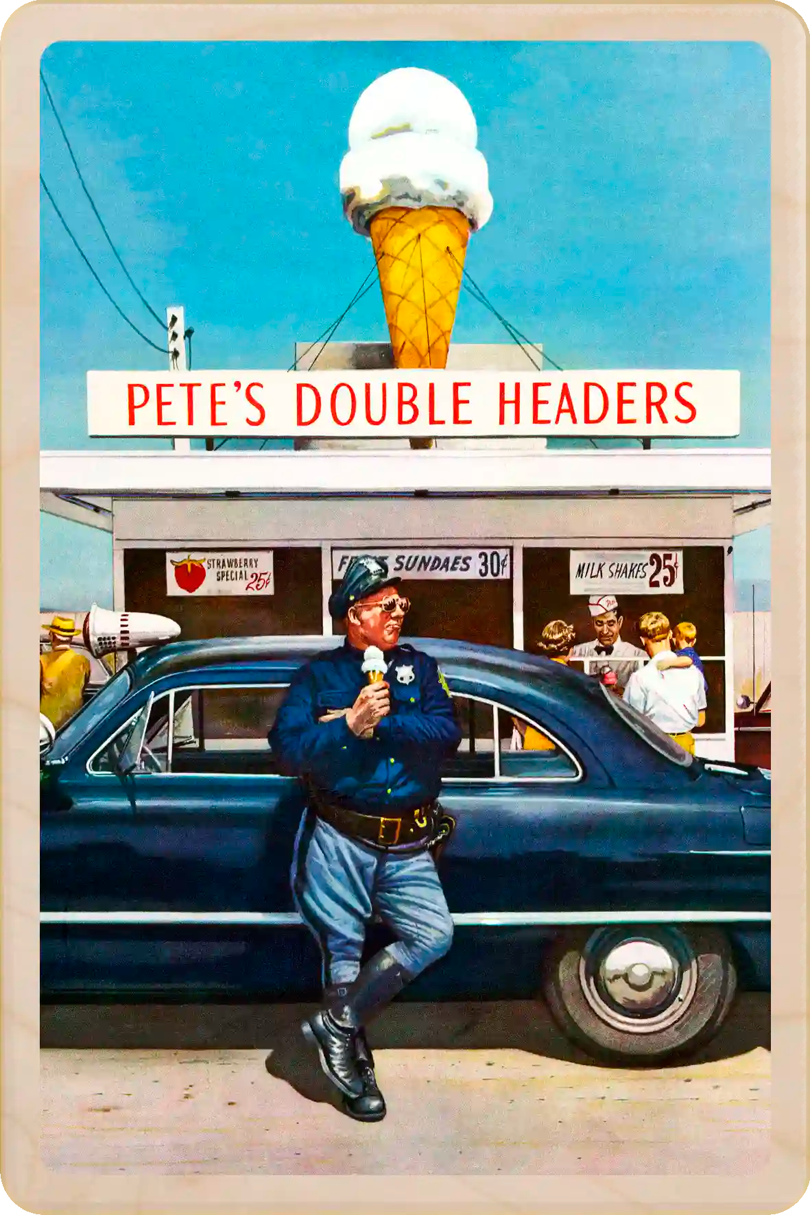 Pete's Double Headers wooden postcard to send and keep and display. Originally created as a cover for the Saturday Evening Post, 1958. Kurt Ard ©The Saturday Evening Post. The Wooden Postcard Company