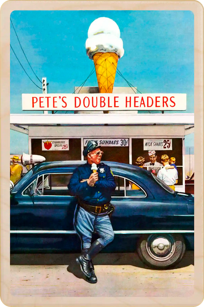 Pete's Double Headers wooden postcard to send and keep and display. Originally created as a cover for the Saturday Evening Post, 1958. Kurt Ard ©The Saturday Evening Post. The Wooden Postcard Company