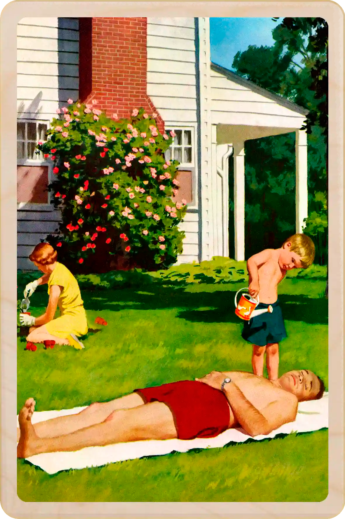 Watering Father, wooden postcard to send and keep and display. Originally created as a cover for the Saturday Evening Post, 1955. Richard Sargeant ©The Saturday Evening Post. The Wooden Postcard Company