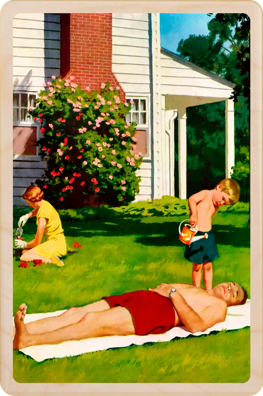 Watering Father, wooden postcard to send and keep and display. Originally created as a cover for the Saturday Evening Post, 1955. Richard Sargeant ©The Saturday Evening Post. The Wooden Postcard Company
